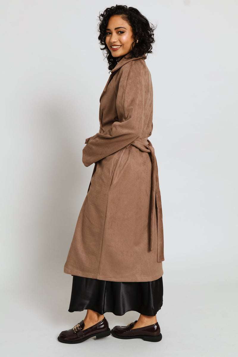 Long Length Double Breasted Suede Trench Coat - Taupe