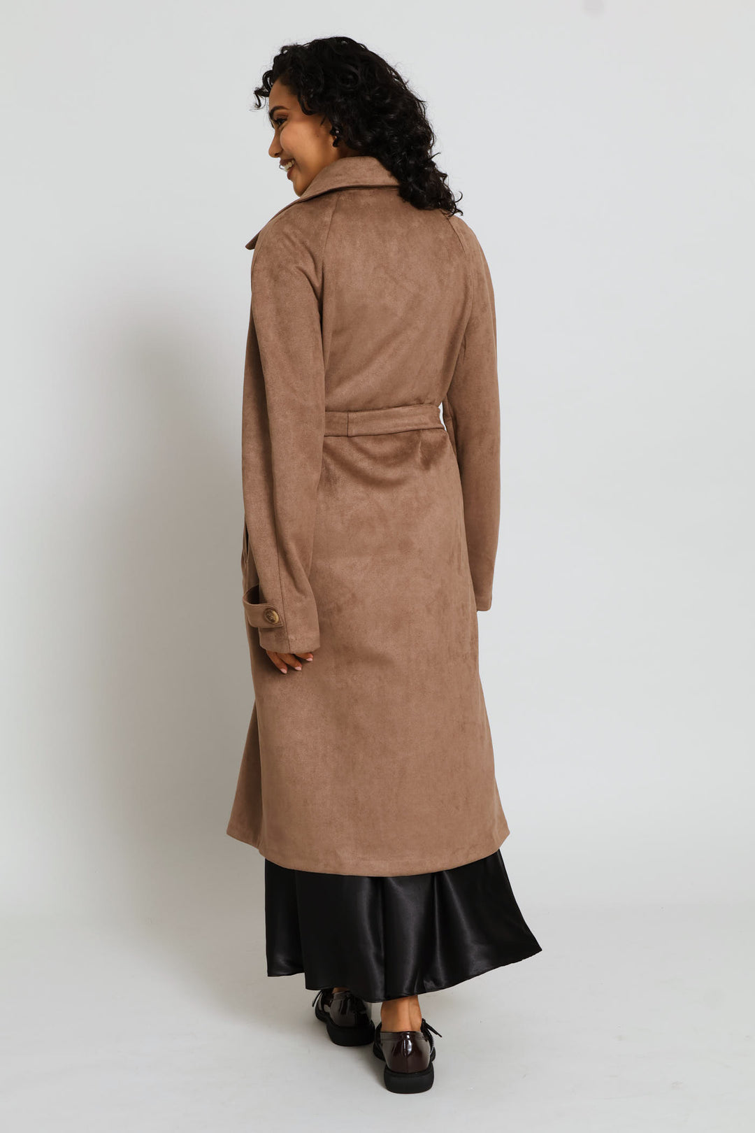 Long Length Double Breasted Suede Trench Coat - Taupe
