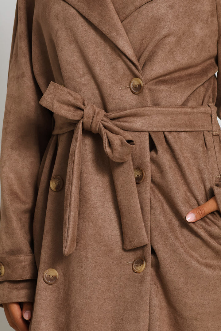 Long Length Double Breasted Suede Trench Coat - Taupe