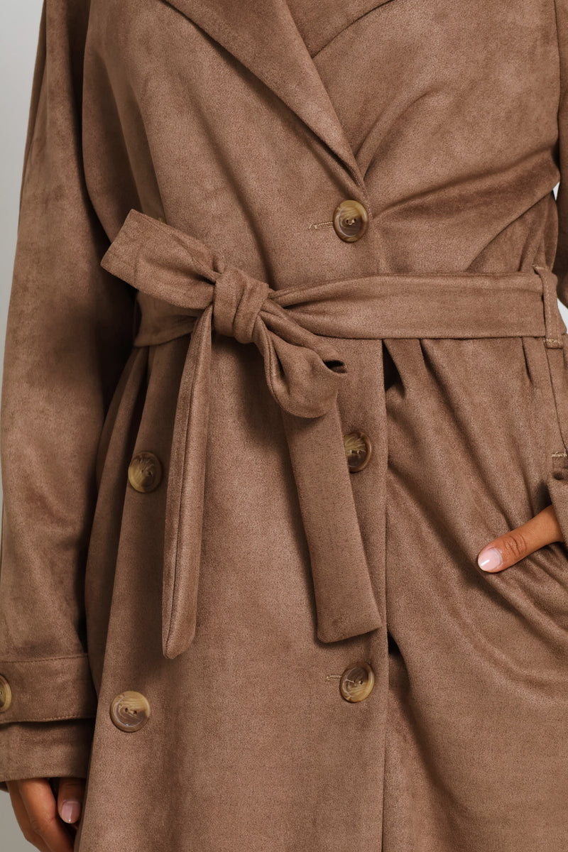 Long Length Double Breasted Suede Trench Coat - Taupe