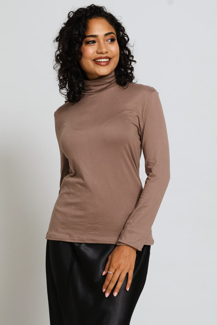 Long Sleeve Basic Poloneck Top - Taupe