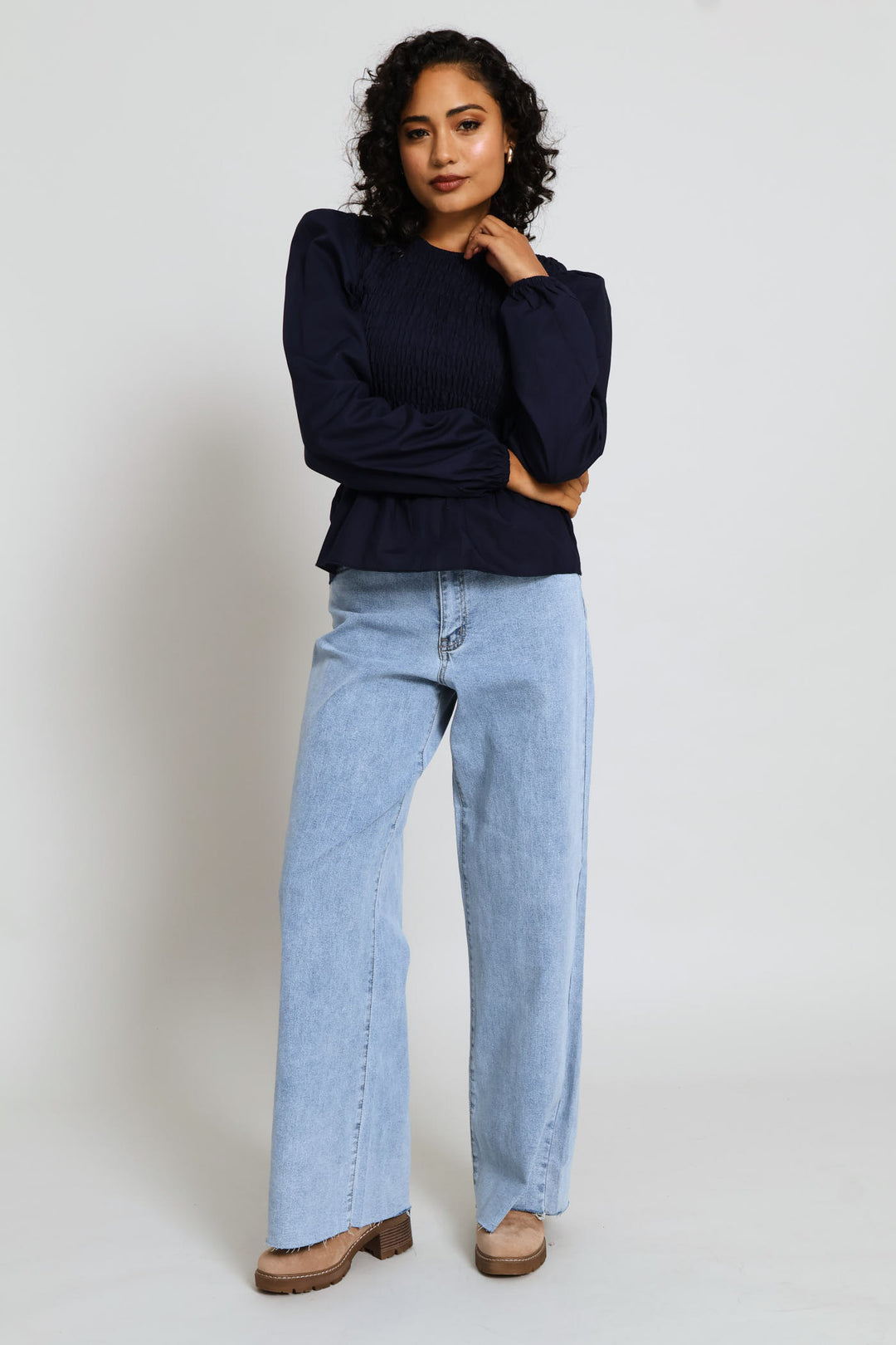 Long Sleeve Puff Sleeve Shirred Bodice Blouse - Midnight Blue