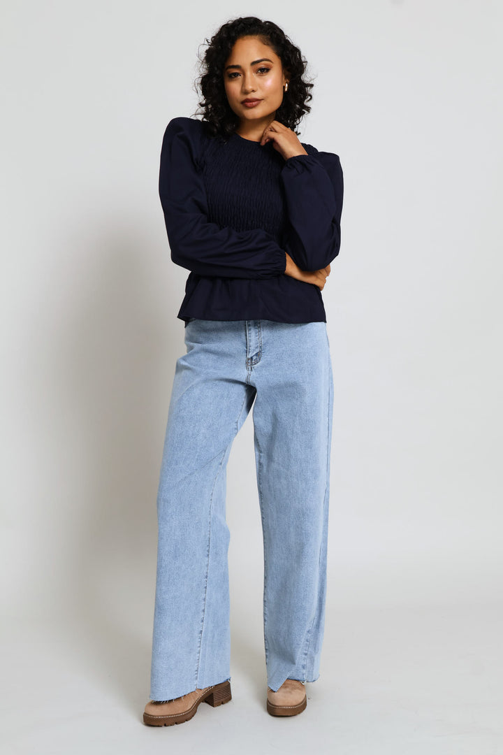 Long Sleeve Puff Sleeve Shirred Bodice Blouse - Midnight Blue