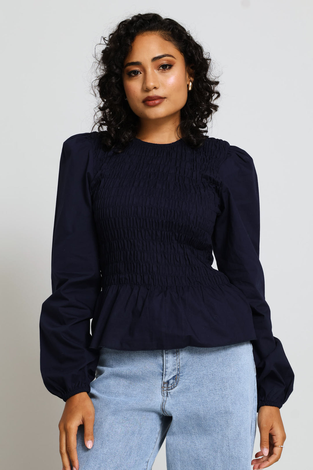 Long Sleeve Puff Sleeve Shirred Bodice Blouse - Midnight Blue