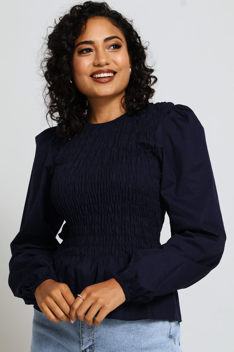 Long Sleeve Puff Sleeve Shirred Bodice Blouse - Midnight Blue