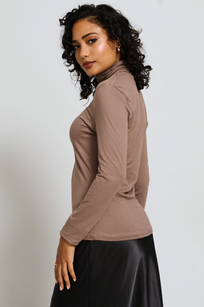 Long Sleeve Basic Poloneck Top - Taupe