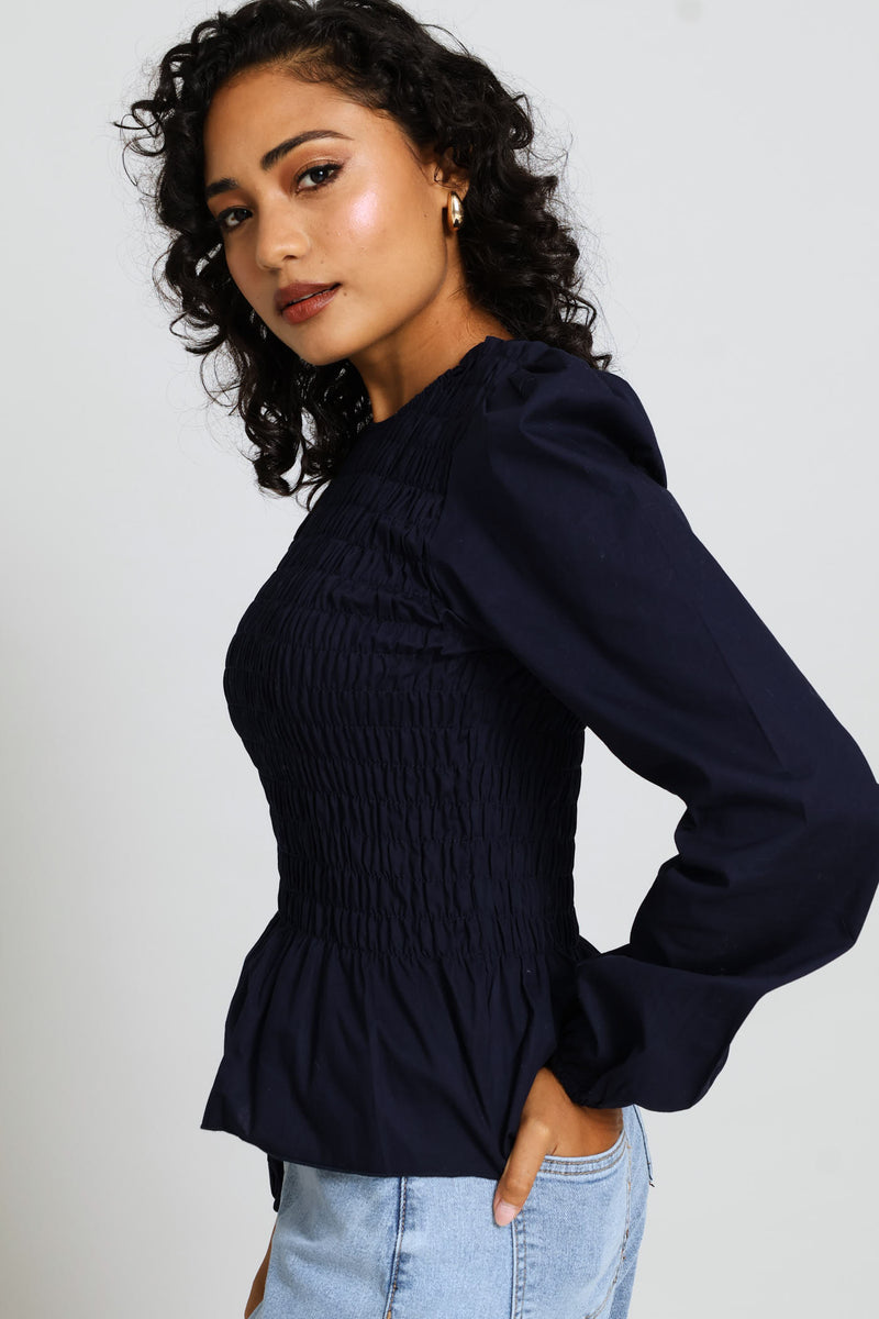 Long Sleeve Puff Sleeve Shirred Bodice Blouse - Midnight Blue
