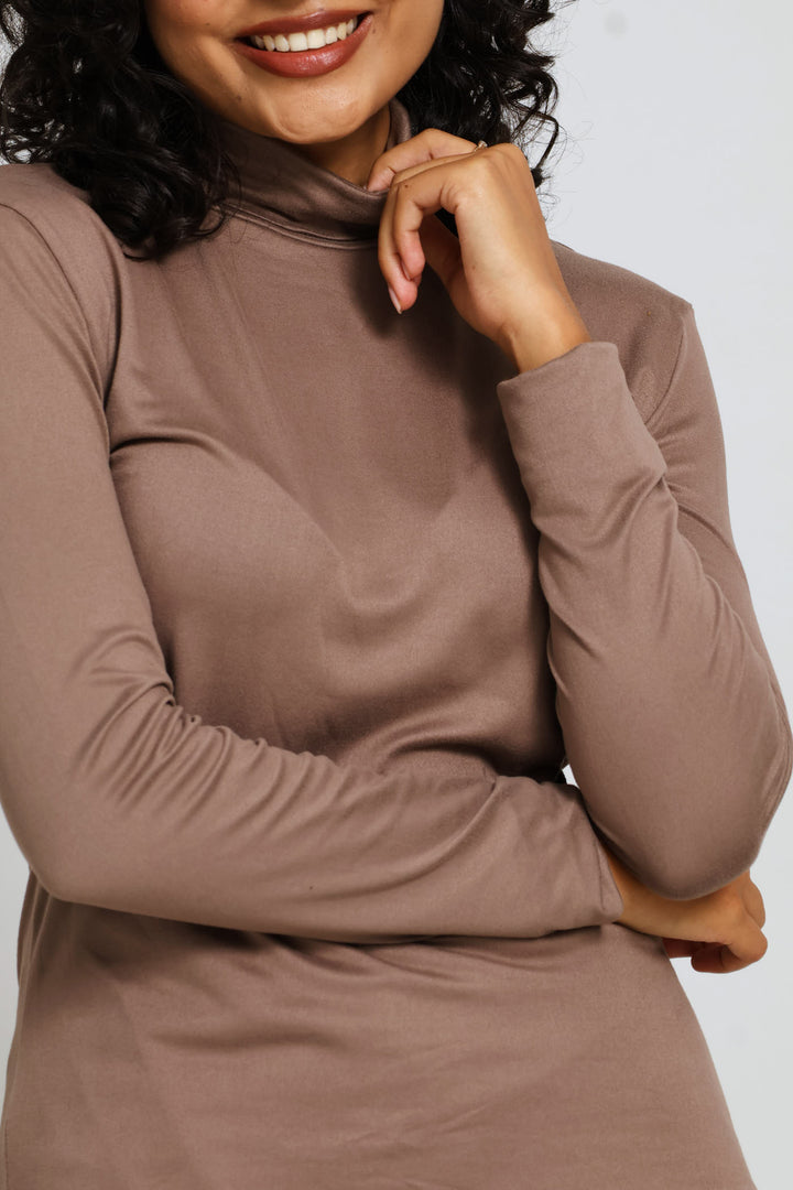 Long Sleeve Basic Poloneck Top - Taupe