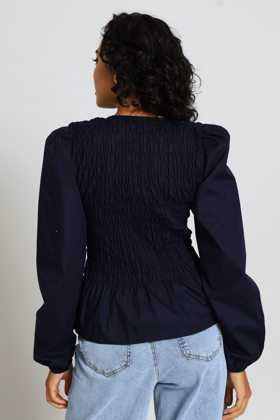 Long Sleeve Puff Sleeve Shirred Bodice Blouse - Midnight Blue
