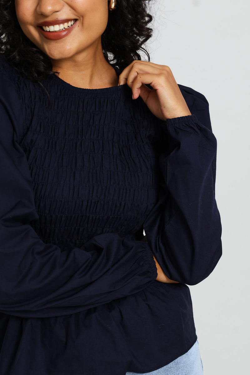 Long Sleeve Puff Sleeve Shirred Bodice Blouse - Midnight Blue