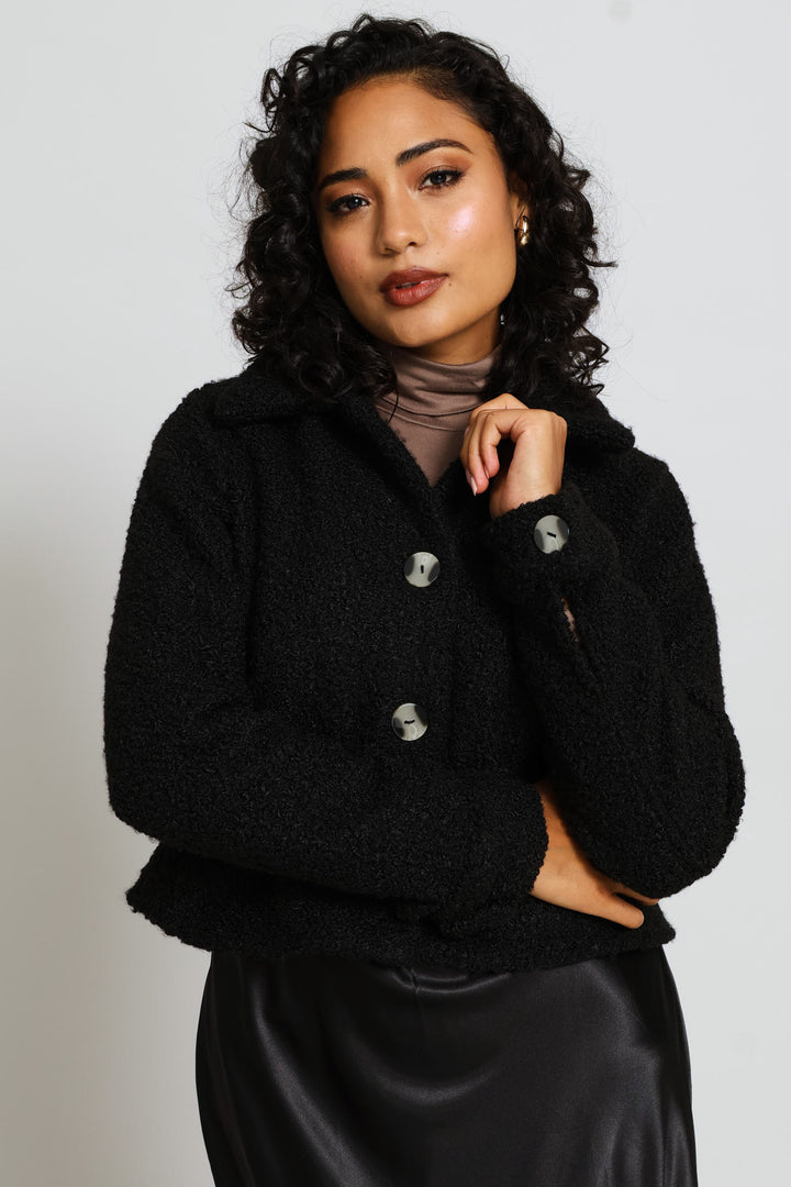 Button Through Welt Pocket Boucle Trucker Jacket - Black