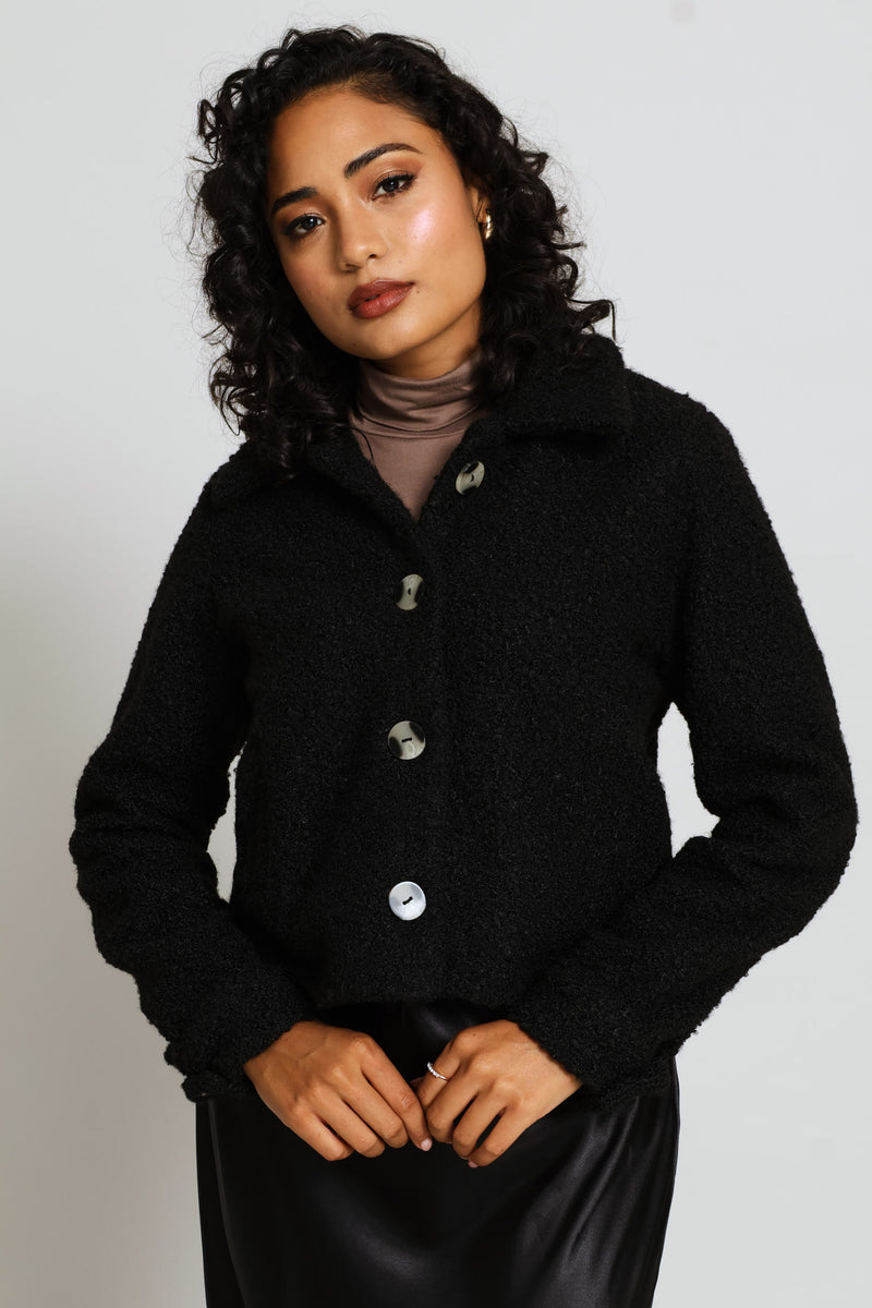 Button Through Welt Pocket Boucle Trucker Jacket - Black