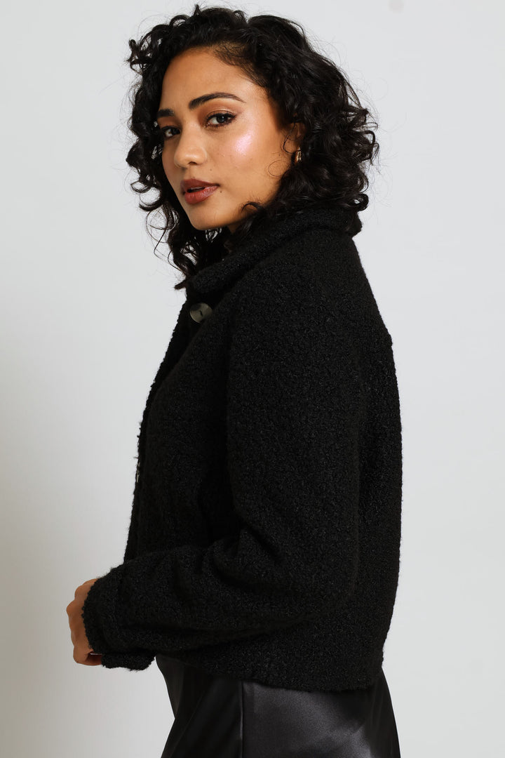 Button Through Welt Pocket Boucle Trucker Jacket - Black