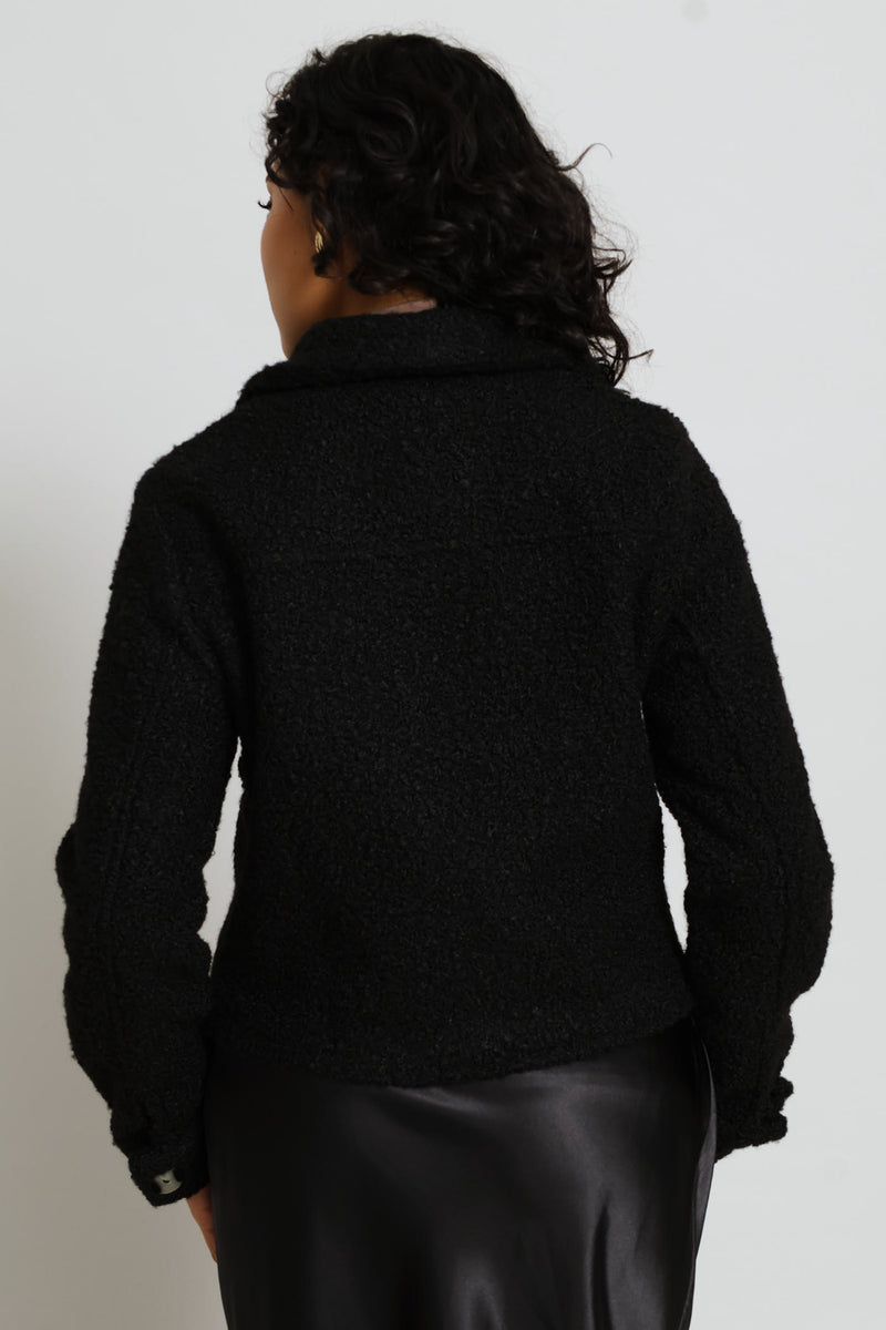 Button Through Welt Pocket Boucle Trucker Jacket - Black