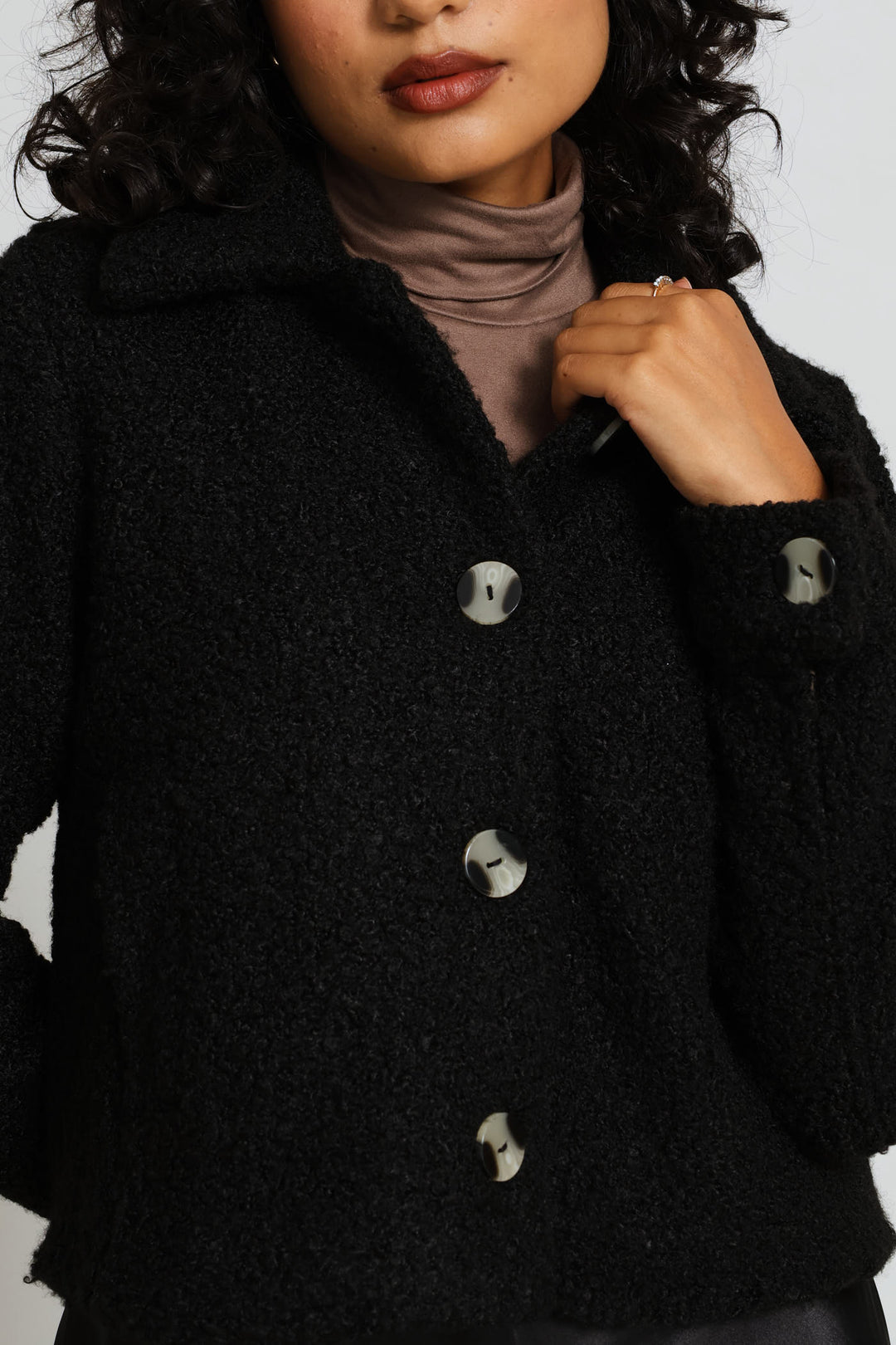 Button Through Welt Pocket Boucle Trucker Jacket - Black