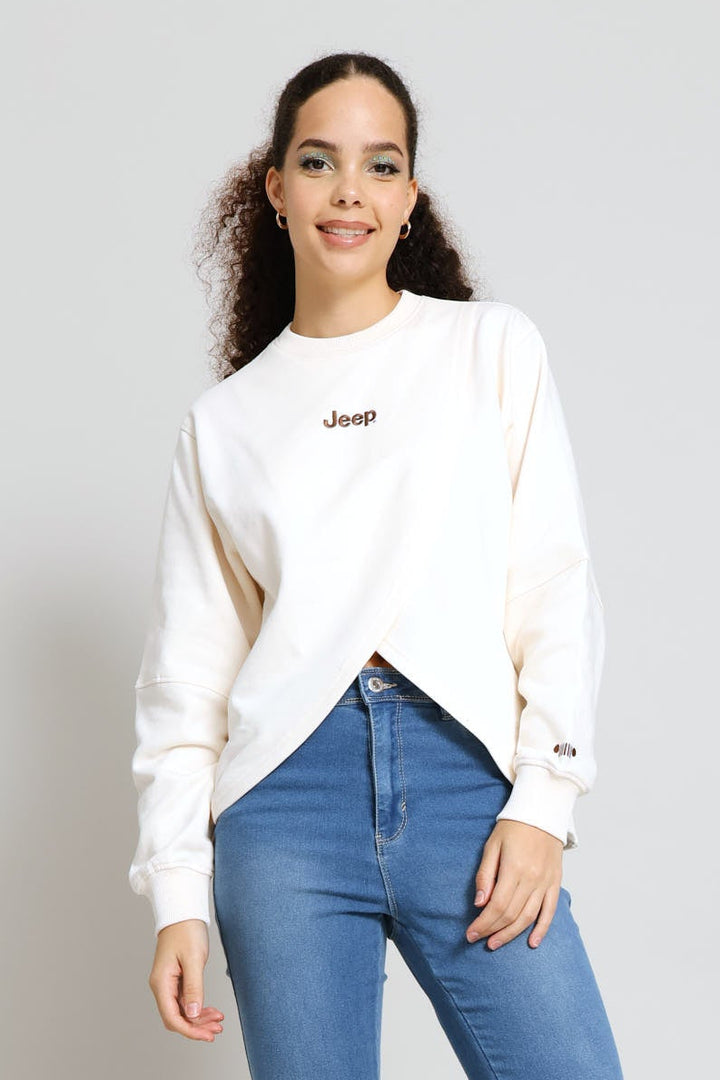 Fashion Fleece Cross Over Crew Top - Cream