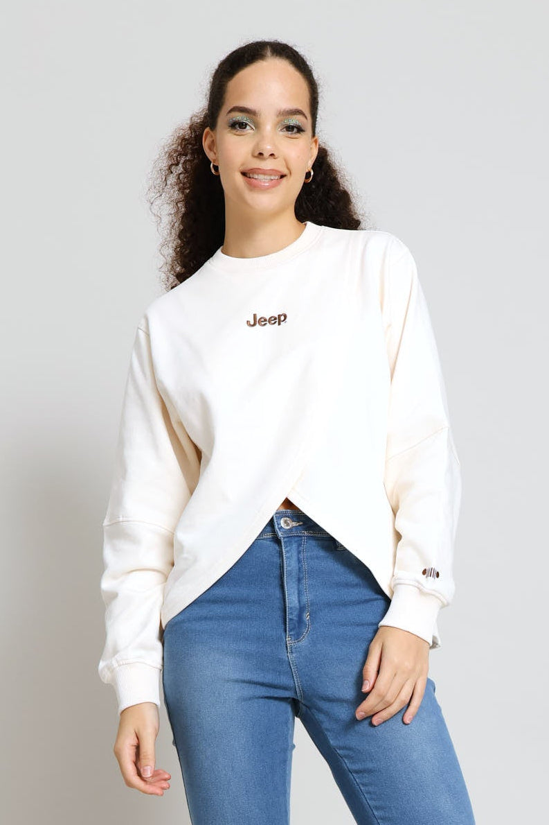 Fashion Fleece Cross Over Crew Top - Cream
