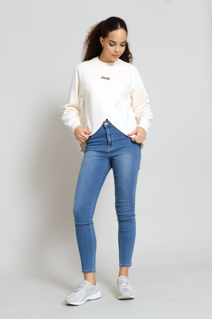 Fashion Fleece Cross Over Crew Top - Cream