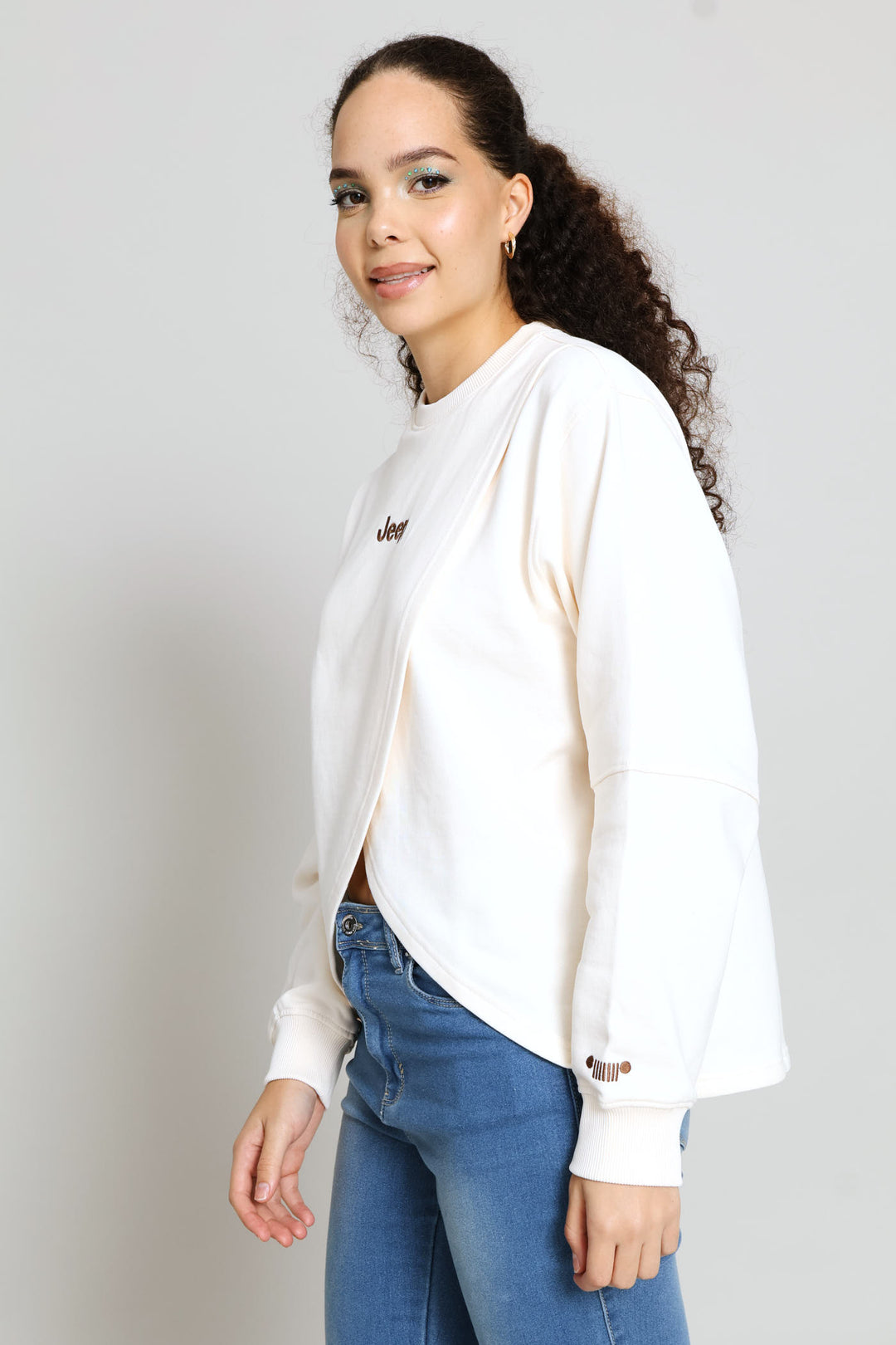 Fashion Fleece Cross Over Crew Top - Cream