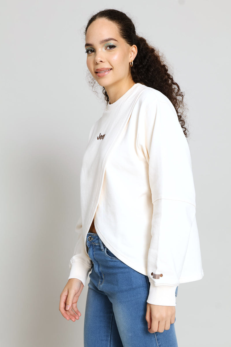 Fashion Fleece Cross Over Crew Top - Cream
