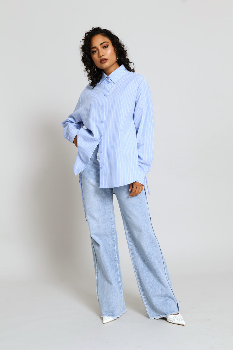 Relaxed Curved Hem Tie Detail Poplin Shirt - White/Light Blue