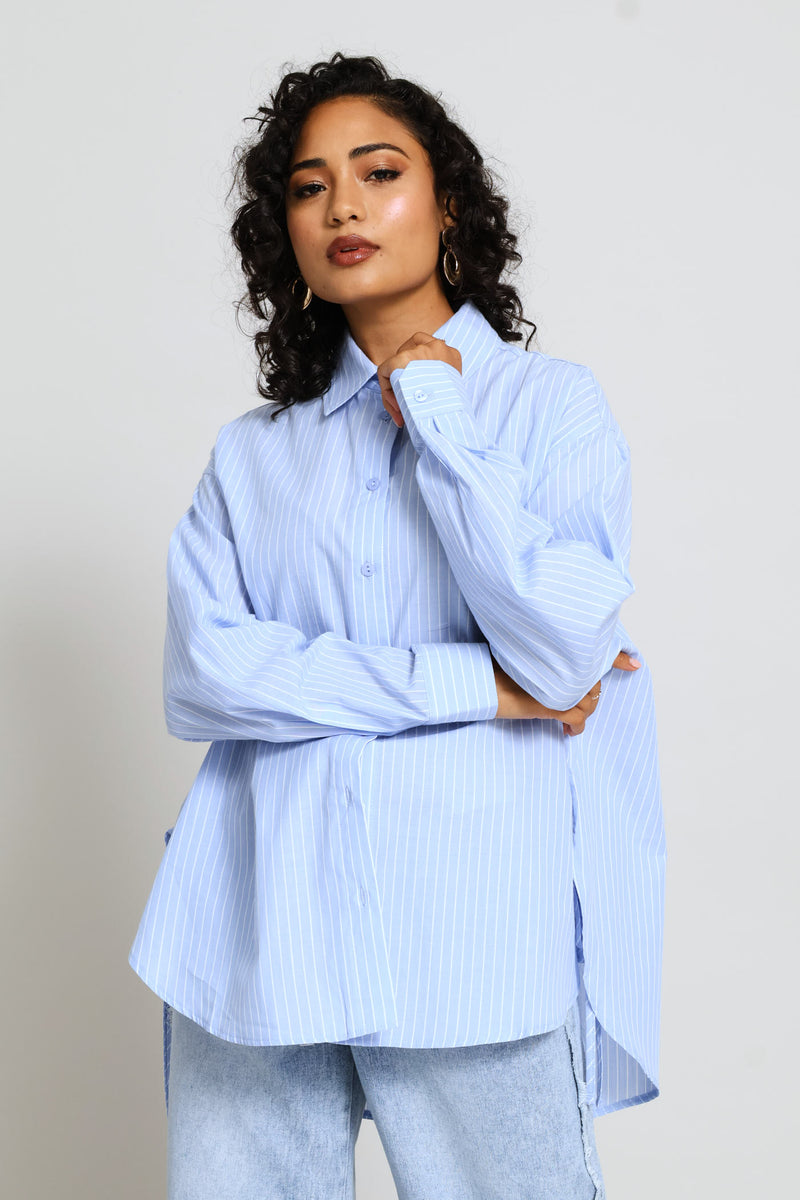 Relaxed Curved Hem Tie Detail Poplin Shirt - White/Light Blue