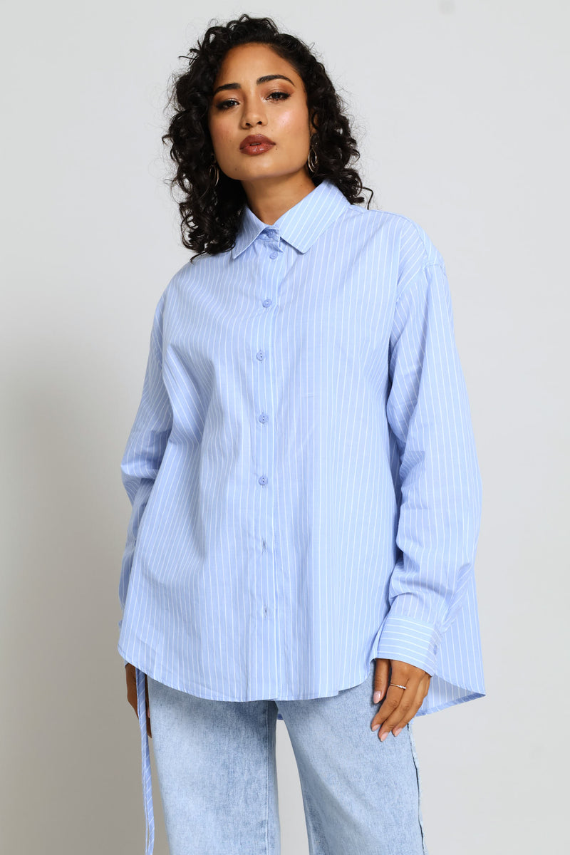 Relaxed Curved Hem Tie Detail Poplin Shirt - White/Light Blue