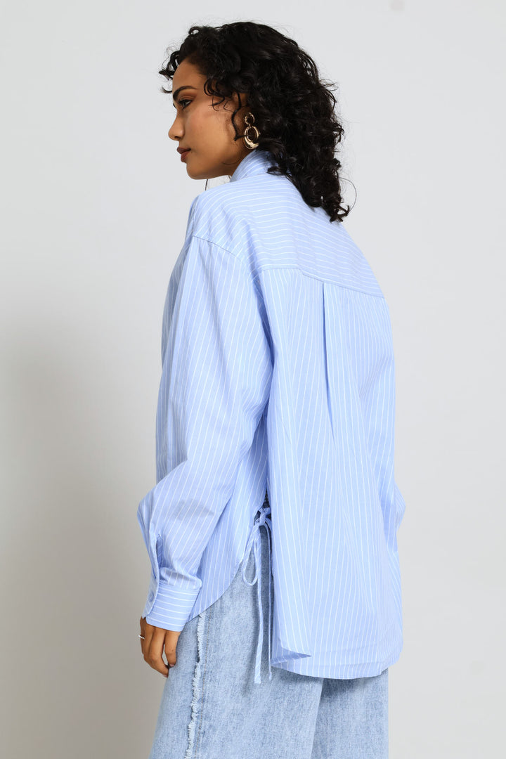 Relaxed Curved Hem Tie Detail Poplin Shirt - White/Light Blue