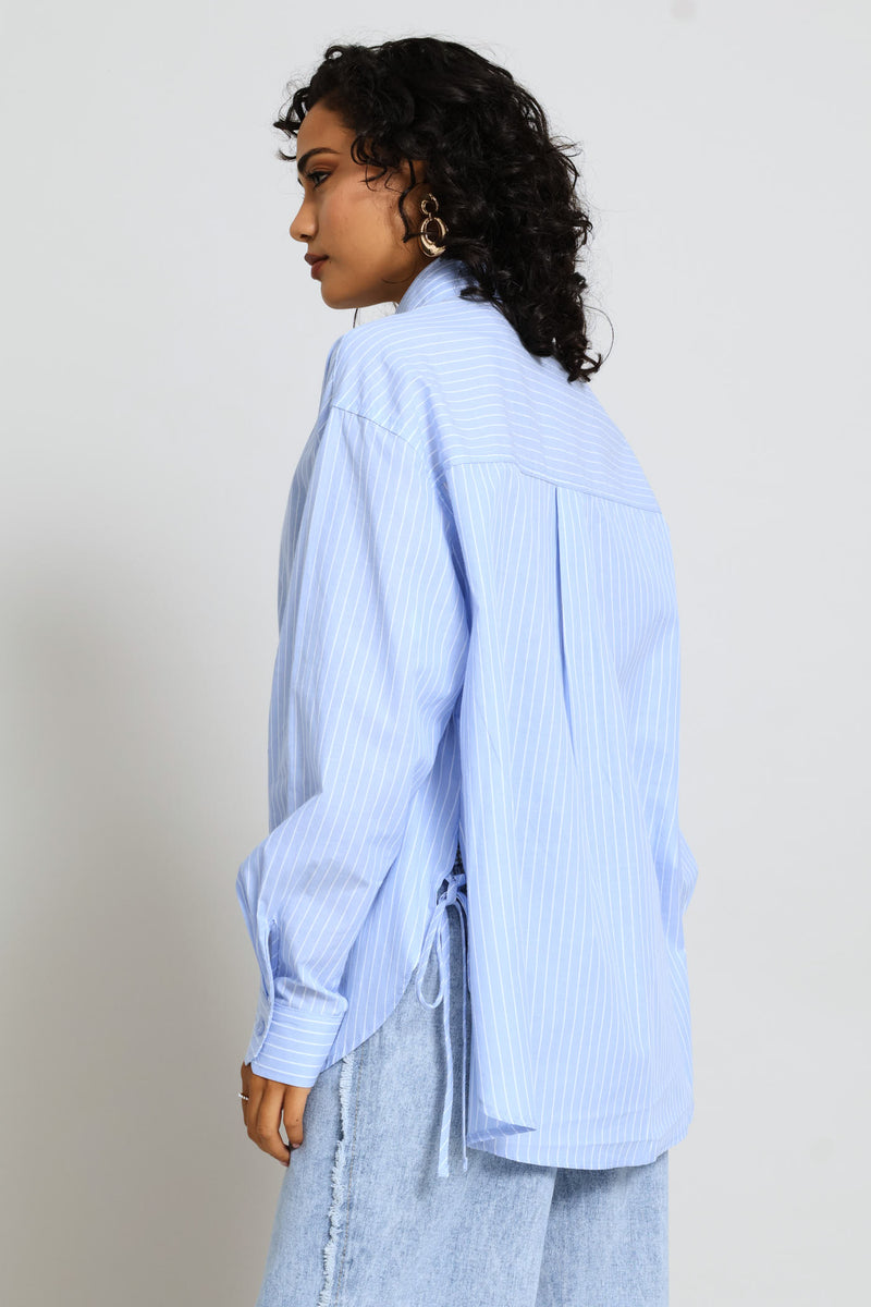 Relaxed Curved Hem Tie Detail Poplin Shirt - White/Light Blue
