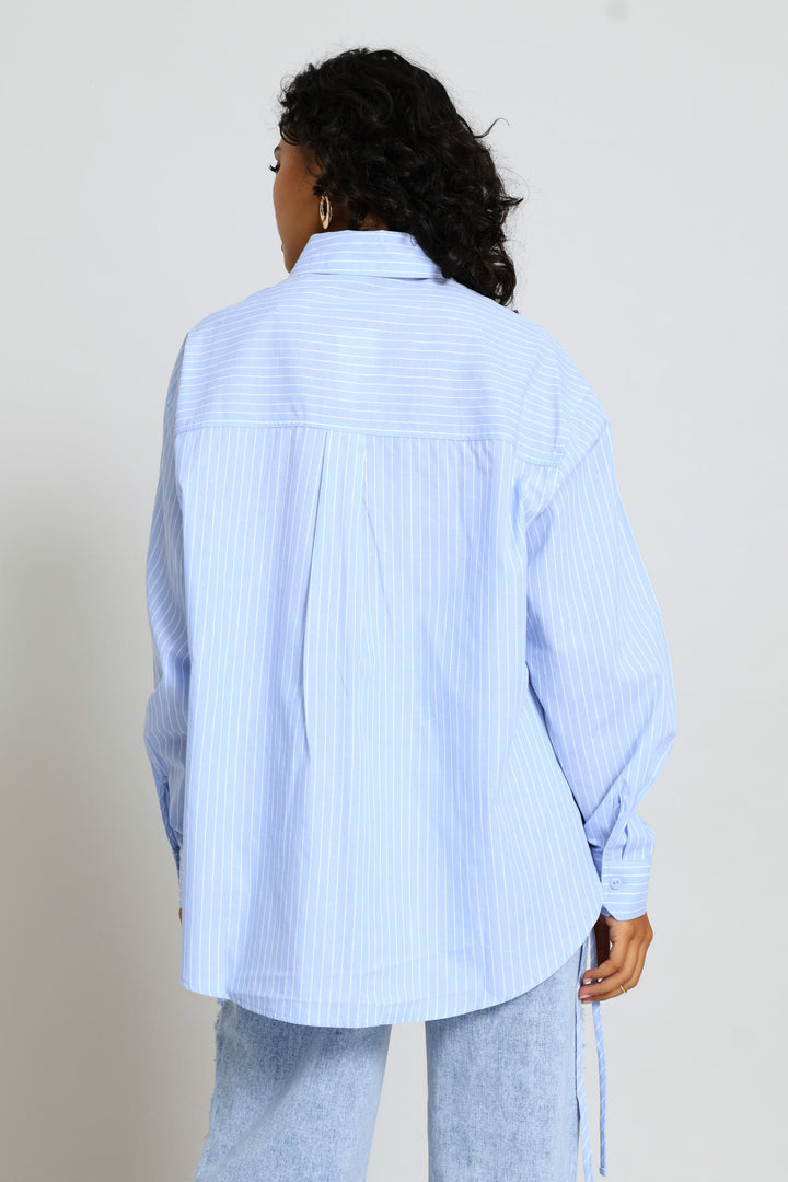 Relaxed Curved Hem Tie Detail Poplin Shirt - White/Light Blue