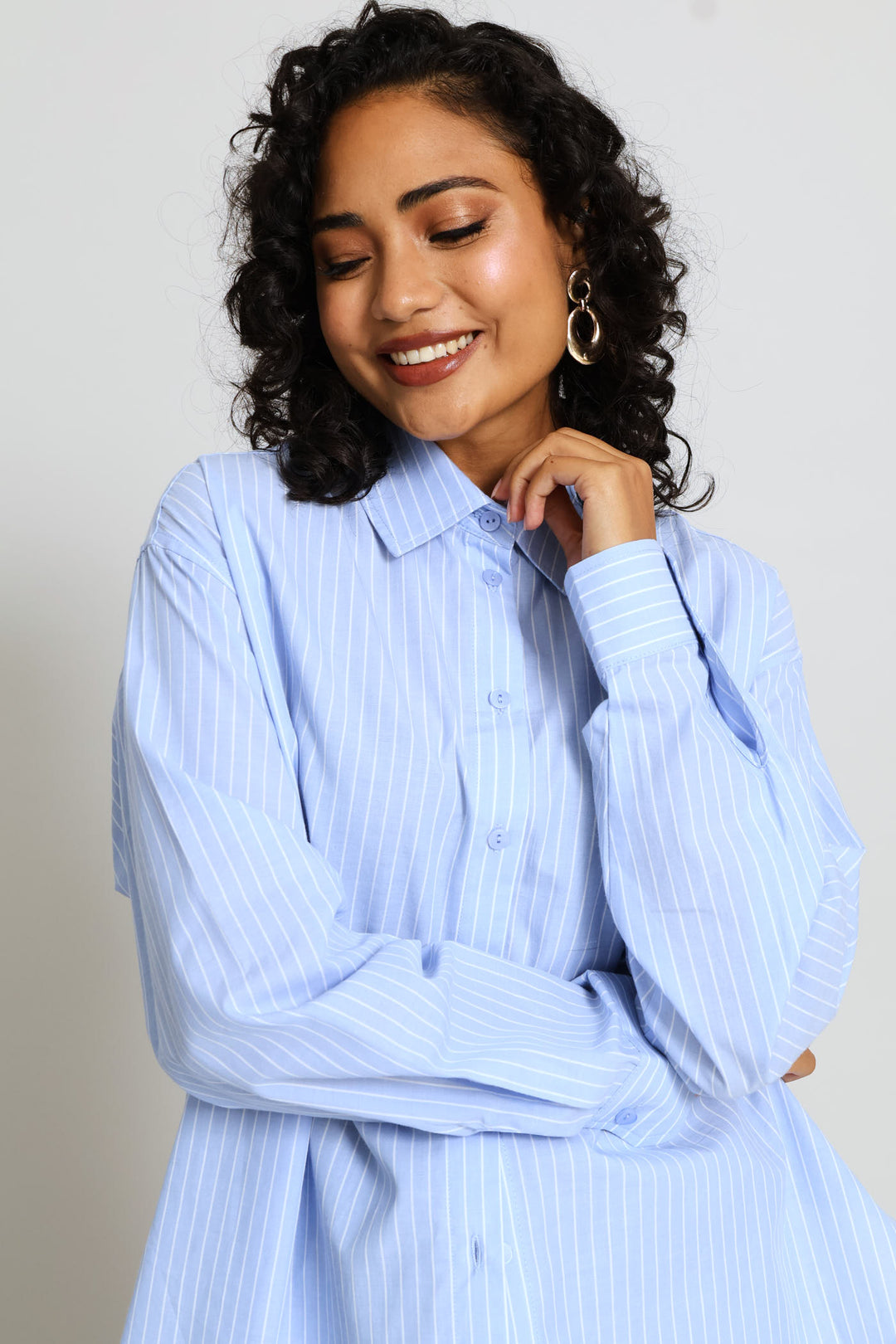 Relaxed Curved Hem Tie Detail Poplin Shirt - White/Light Blue