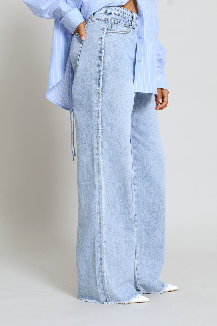 Hi-Rise Self Belt Frayed Side & Hem Wide Leg Denim - Light Wash