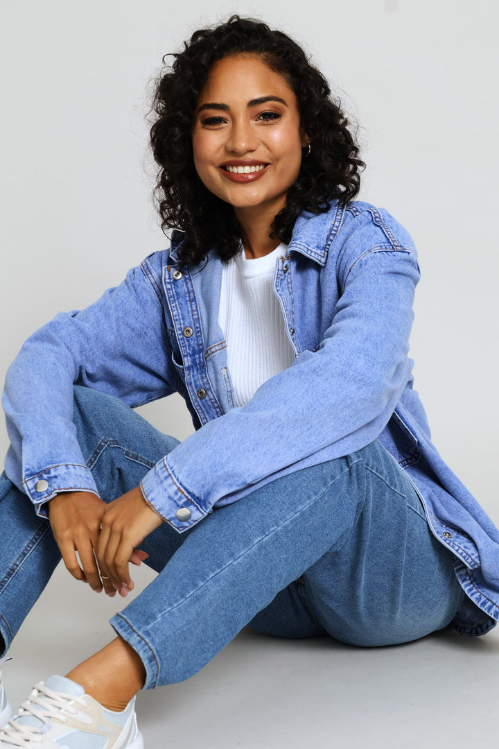 Curved Hem Denim Shacket - Periwinkle