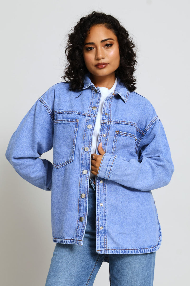 Curved Hem Denim Shacket - Periwinkle