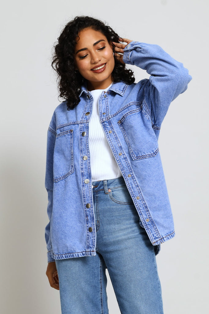 Ladies Curved Hem Denim Shacket - Periwinkle – Edgars