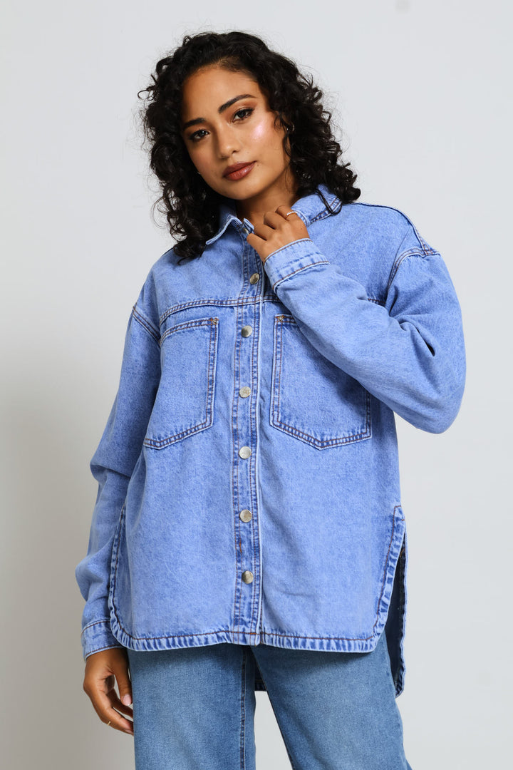 Curved Hem Denim Shacket - Periwinkle
