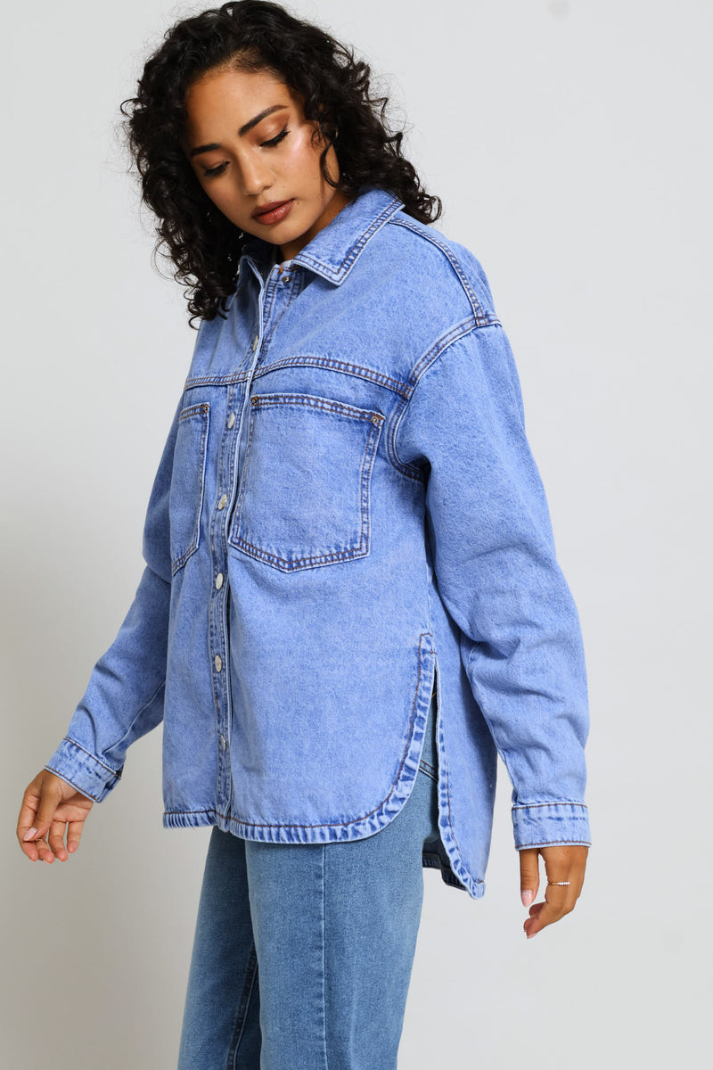 Curved Hem Denim Shacket - Periwinkle