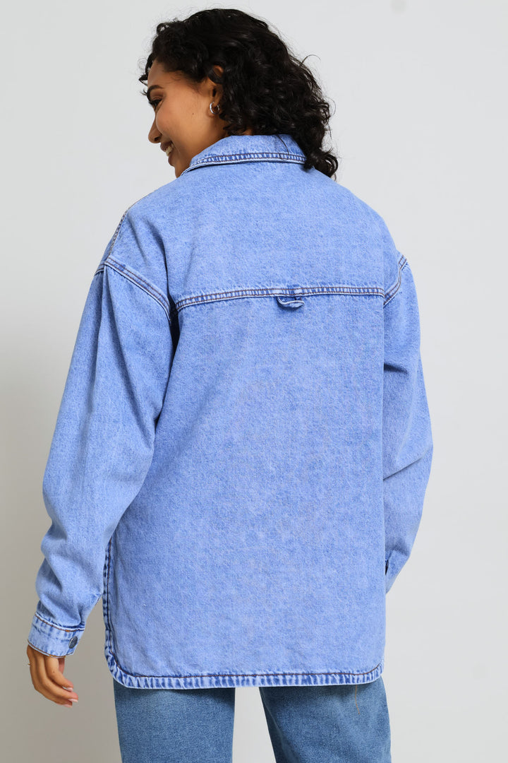 Curved Hem Denim Shacket - Periwinkle