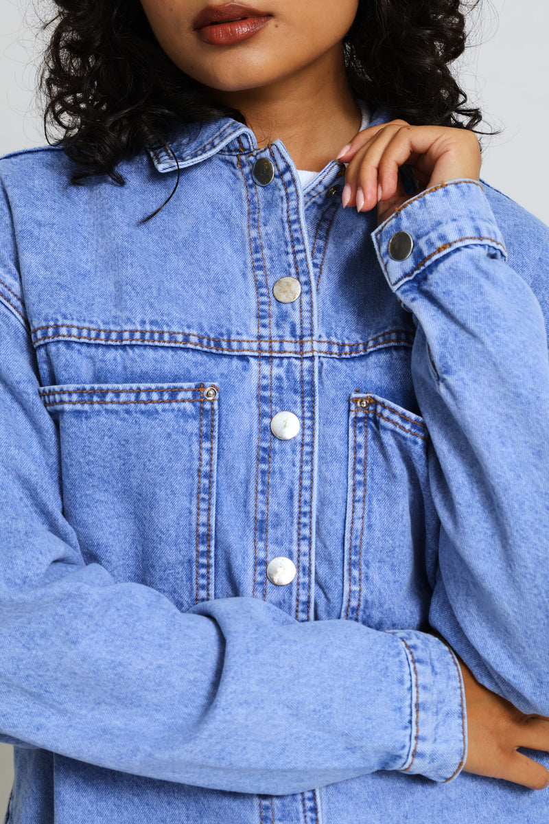 Curved Hem Denim Shacket - Periwinkle