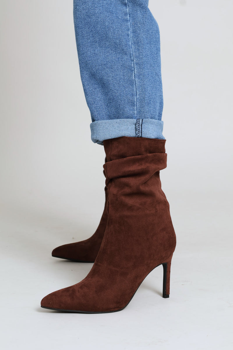 Pointed Toe Shuffle Stiletto Boot - Brown