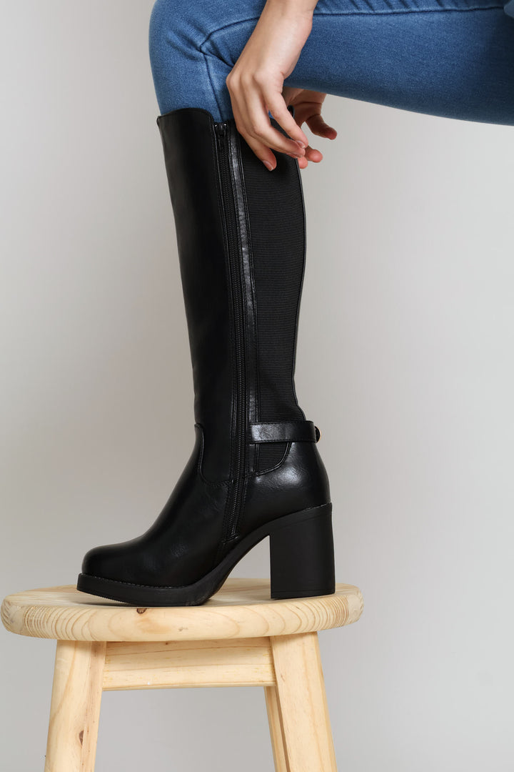 Buckle Trim Heel Insert Long Boot - Black