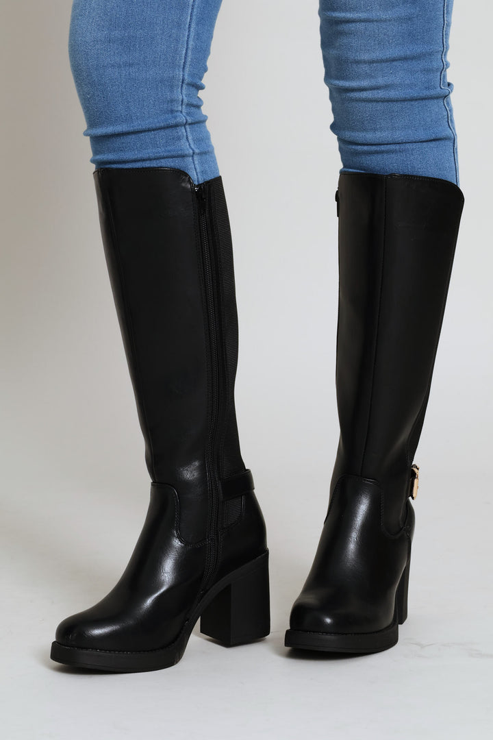 Buckle Trim Heel Insert Long Boot - Black
