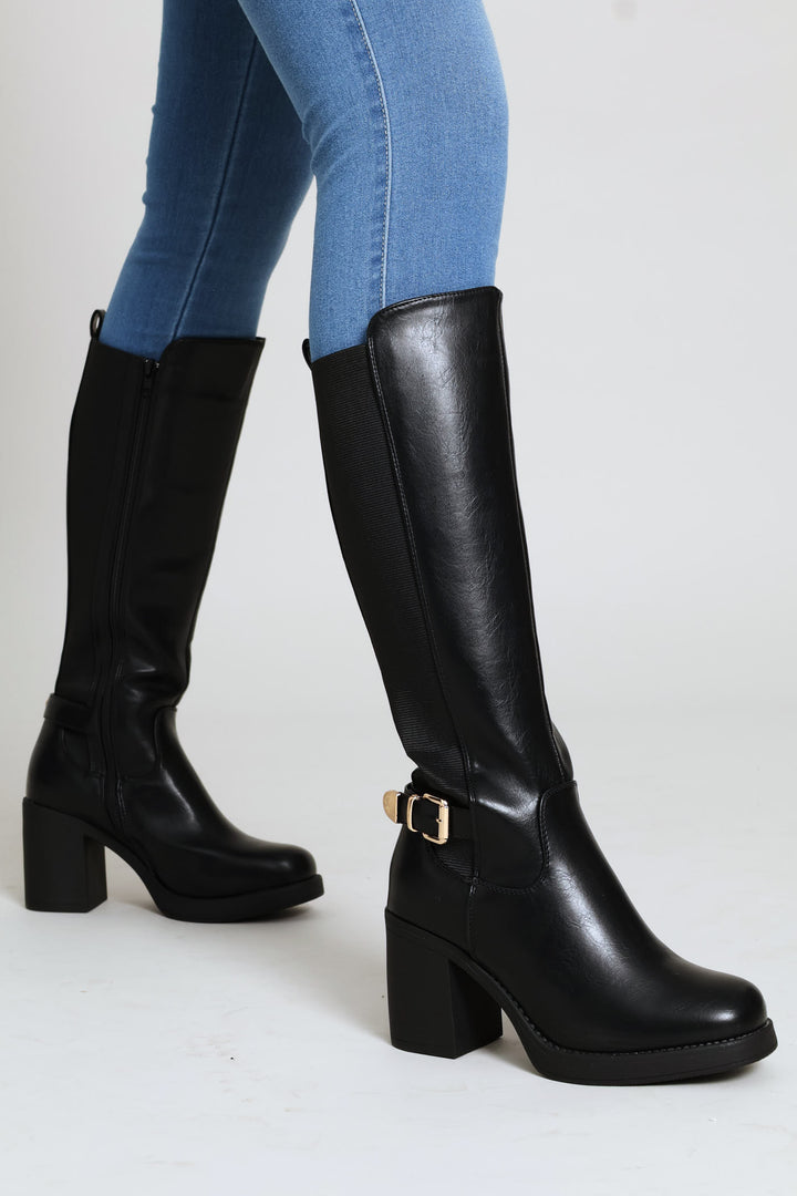 Buckle Trim Heel Insert Long Boot - Black