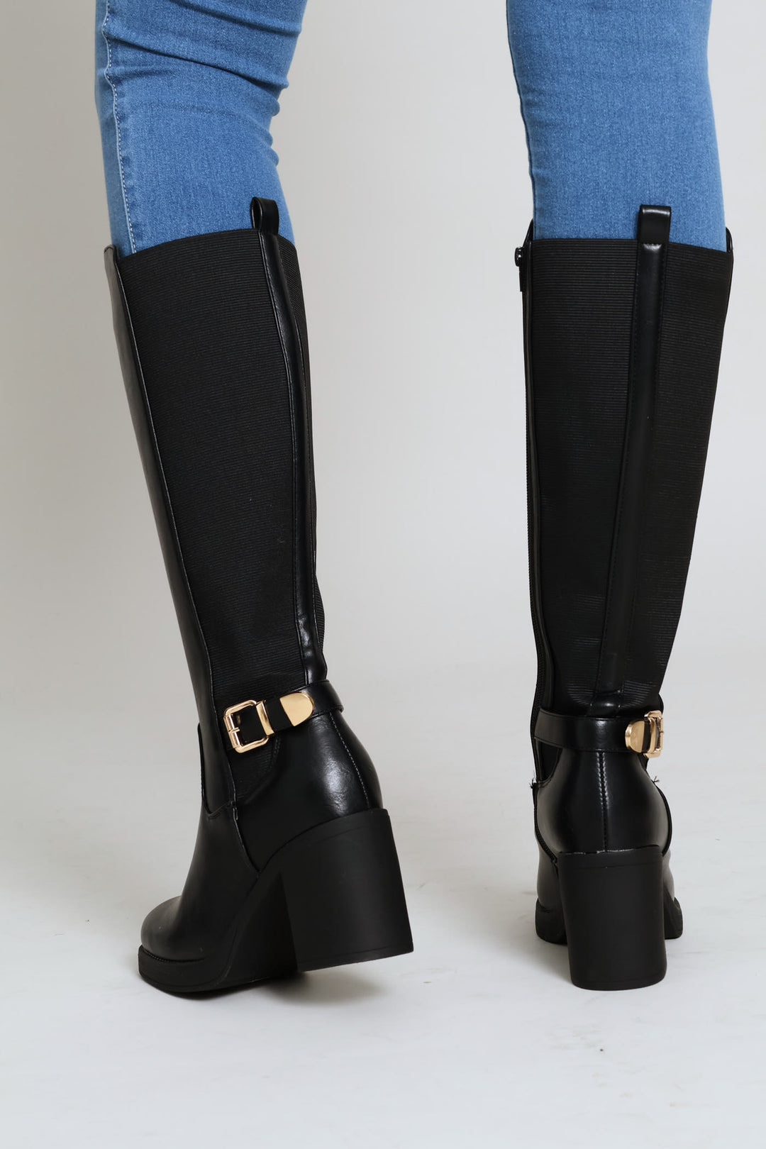 Buckle Trim Heel Insert Long Boot - Black