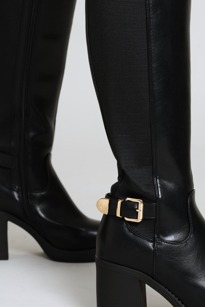 Buckle Trim Heel Insert Long Boot - Black