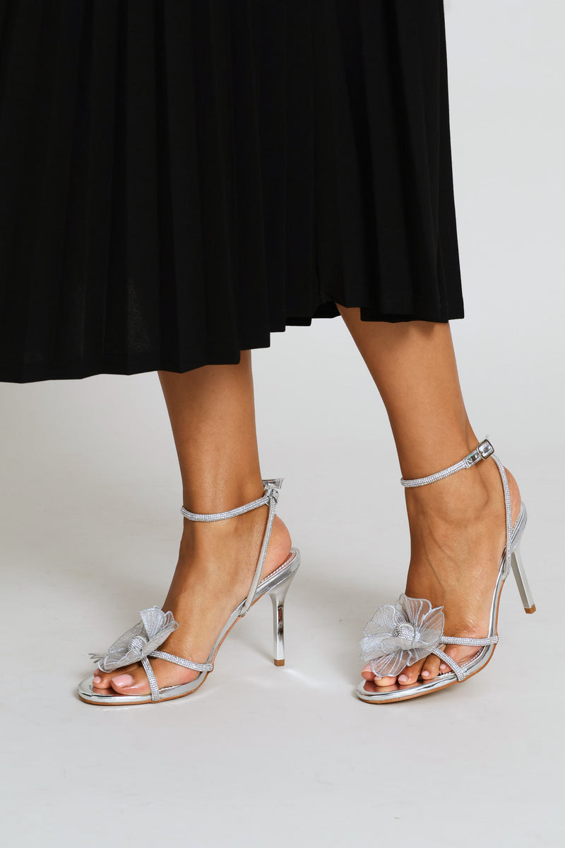 Flower & Diamante Stiletto Heel - Silver