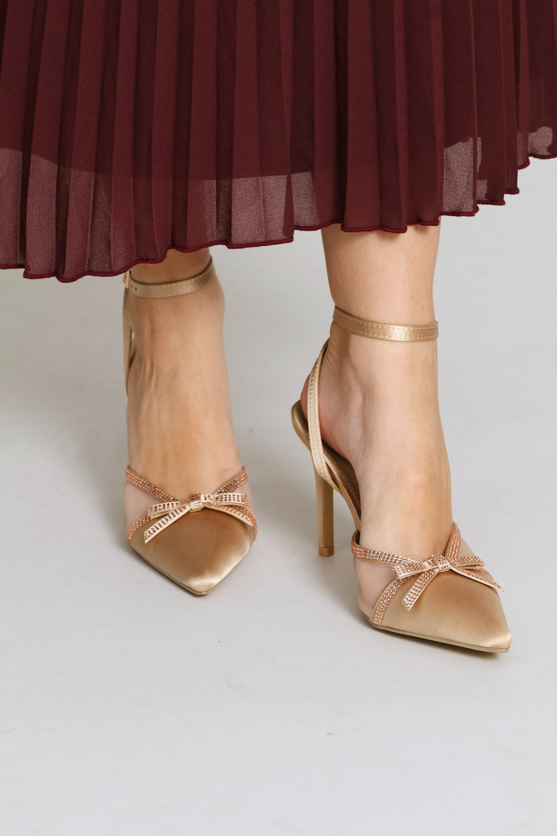 Mesh & Diamante Ankle Strap Mule Heel - Champagne