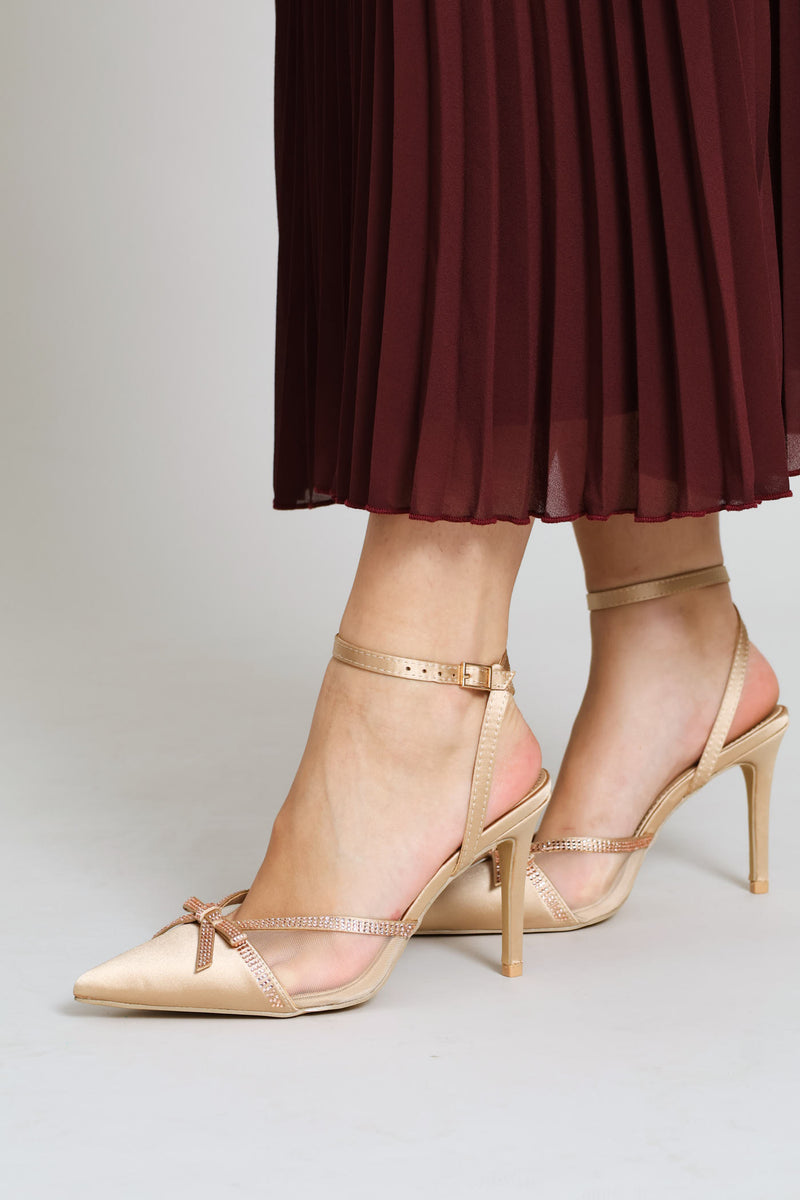 Mesh & Diamante Ankle Strap Mule Heel - Champagne