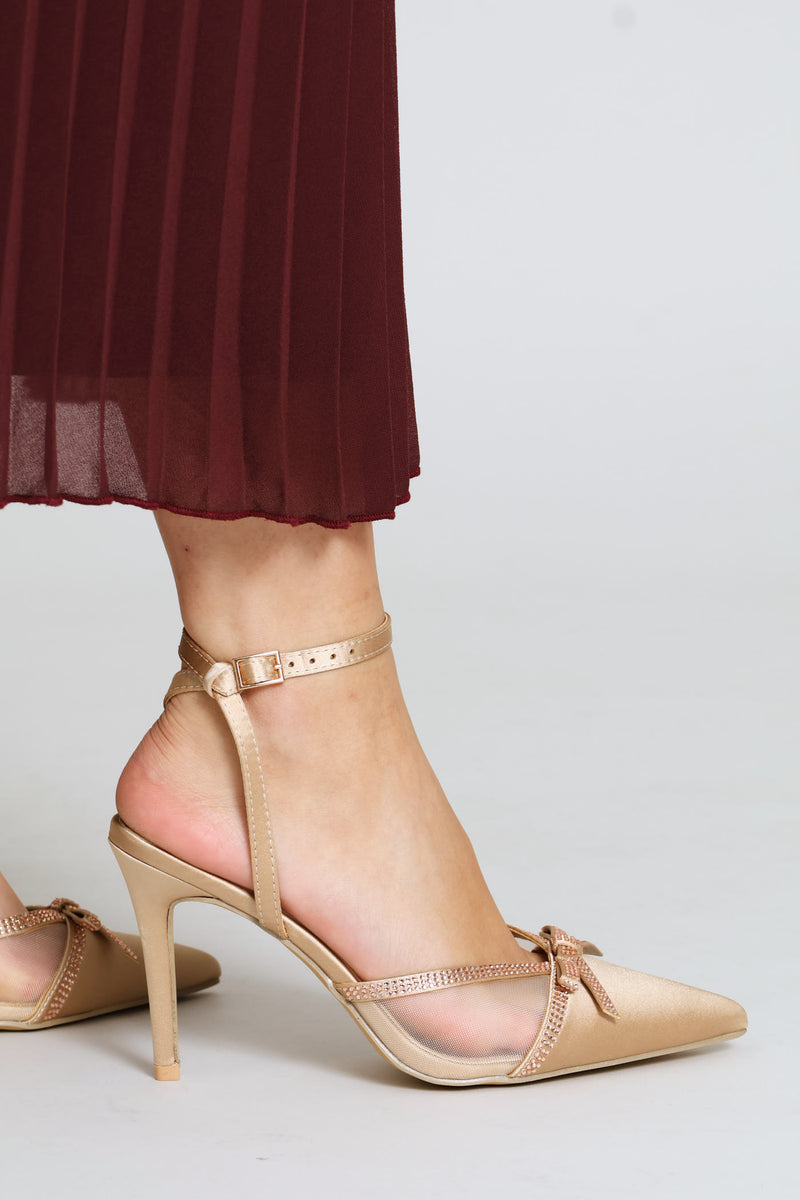 Mesh & Diamante Ankle Strap Mule Heel - Champagne