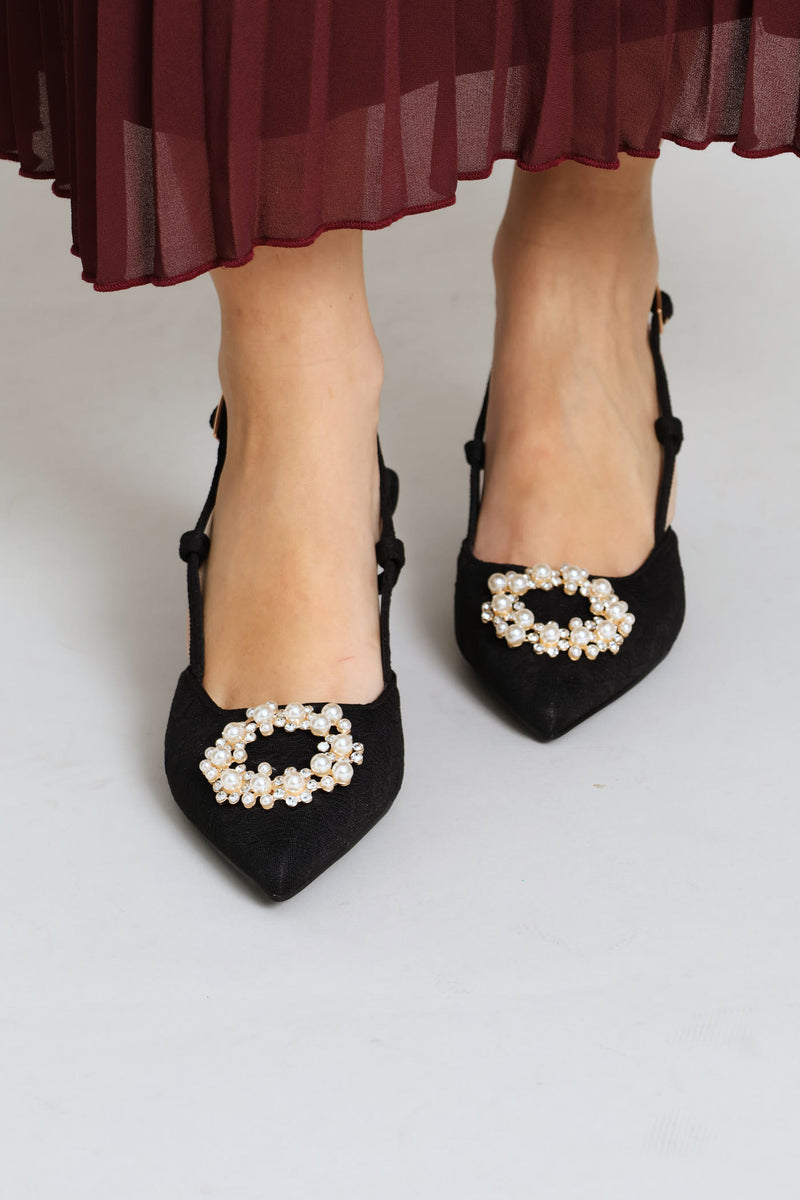 Raffia Slingback Diamante Kitten Heel - Black